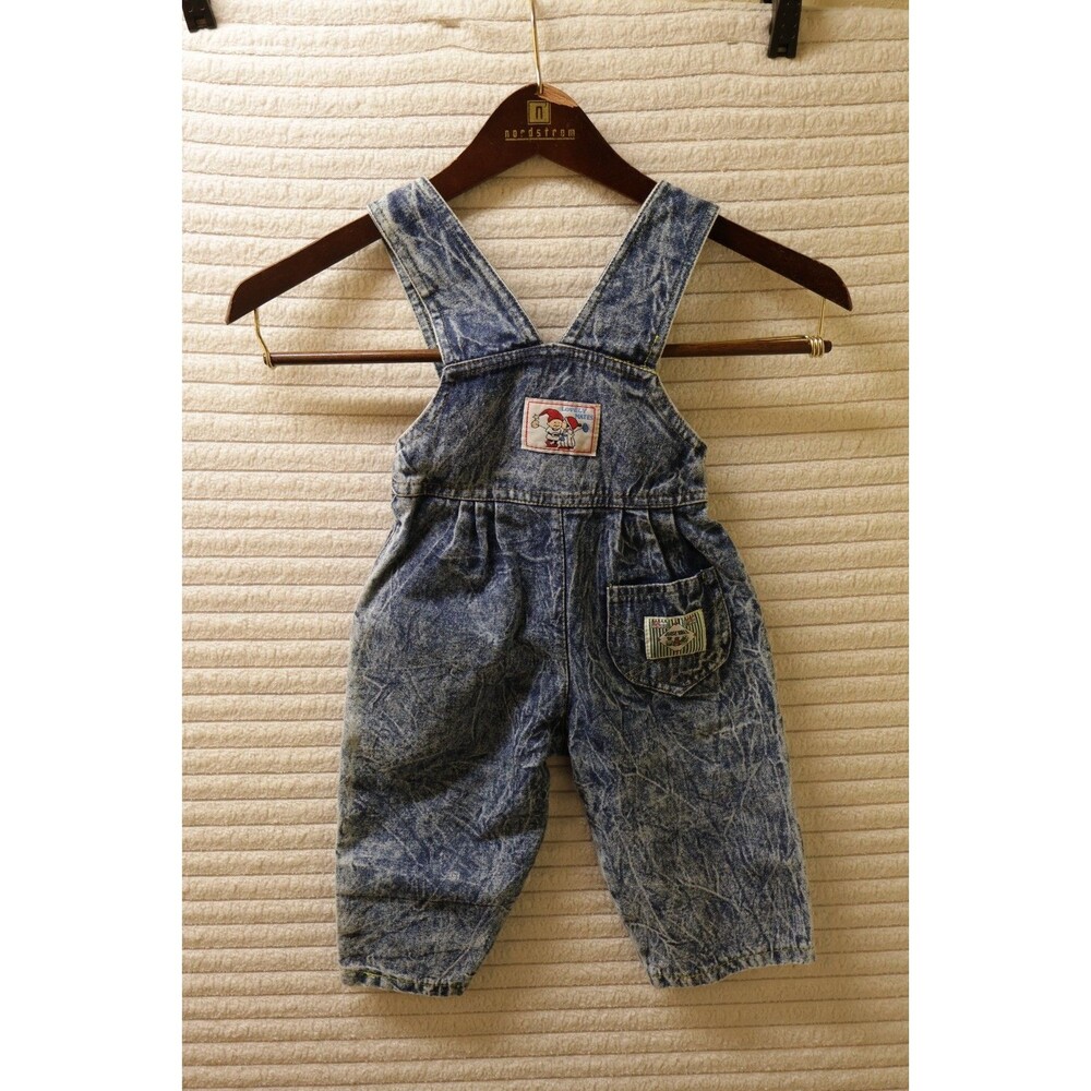 VTG 80s 90s Acid Wash Denim Overalls Baby Toddler Romper Zip TopWay Size 1